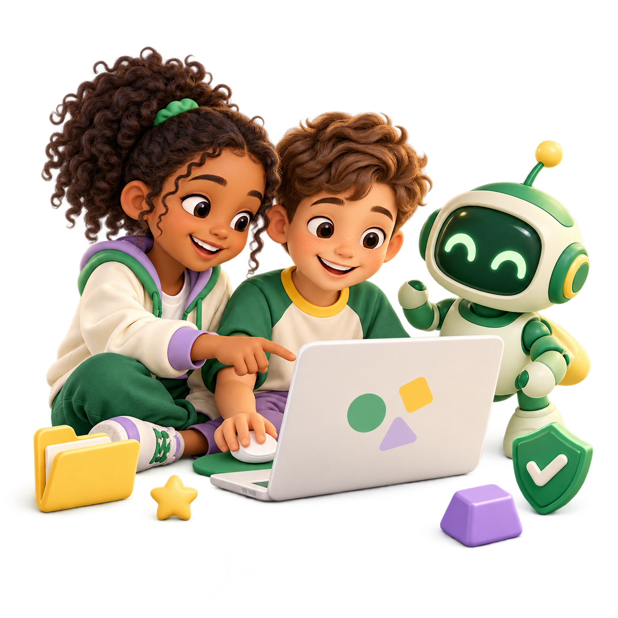 Ilustração de duas crianças explorando um computador com um guia digital verde